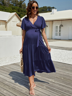 2025 New Cross-Border Dropshipping V Neck Bell Sleeve Short-Sleeved Maternity Long Skirt Cross-Border