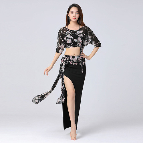 Summer Belly Dance Practice Suit New Style Bat Sleeve Slimming Large Size Floral Practice Performance Dress
