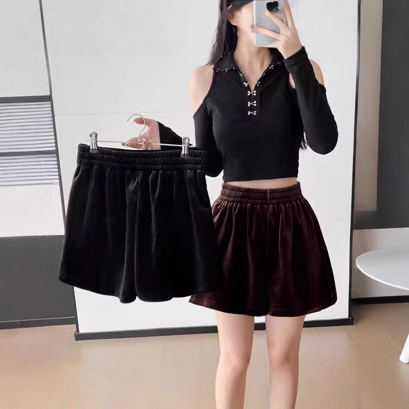 2024 New Explosions Gold Velvet Wide Leg Shorts Women's Spring and Autumn Explosions Western Style High Waist Velvet Autumn and Winter Outer Wear Boots Pants