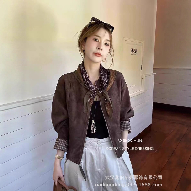 欧货麂皮绒外套女春秋2025新款宽松百搭短款夹克鹿皮绒上衣|undefined