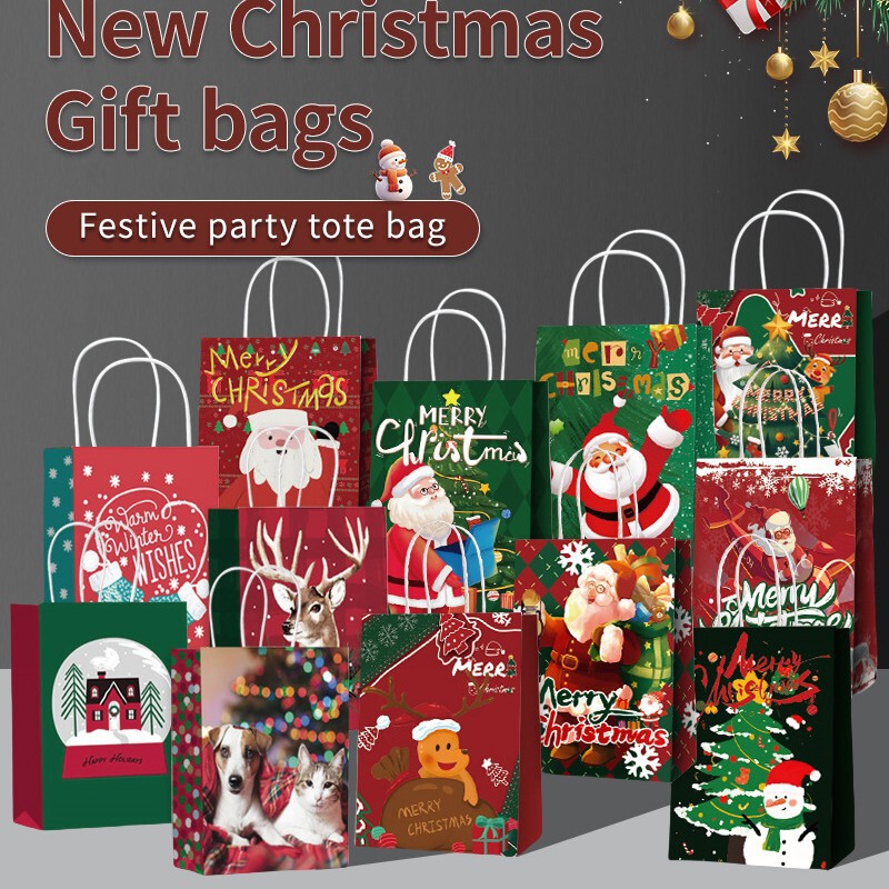 New Christmas Gift Bag Surprise Gift Wrapping Paper Bag Holiday Party Souvenir Kraft Paper Tote Bag