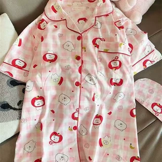 套装格纹苹果熊自嘲可卡通少女睡衣家居服外出公主风夏季短袖短裤