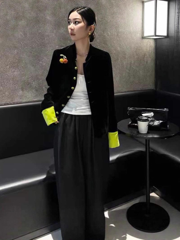 新中式国风南瓜金丝绒外套女2025秋新款立领长袖拼色唐装上衣大码|undefined