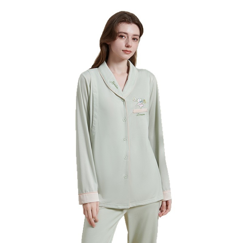 【特惠】婧麒刺绣天竹丝6-10月夏季款家居服孕妇月子服长袖睡衣|undefined