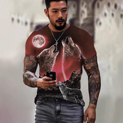 国境を越えた貿易美女と狼の頭動物獣3DパターンプリントTシャツ半袖ルーズハーフスリーブTシャツ服