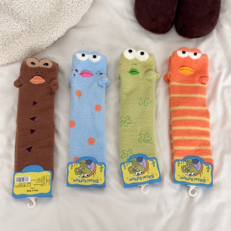 Beechburg Thickened Warm Australian Wool Mid-Calf Socks Cartoon 3D Clownfish Home Sleep Socks Autumn and Winter Sleep Socks