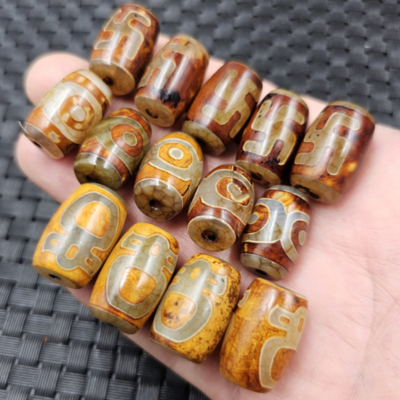 Tooth Yellow Three-Eyed Dzi Beads, Barrel Beads, Jade Loose Beads, Agate Characters, Thousand-Character Lizi Passepartout Jewelry Accessories, Handmade Beads
