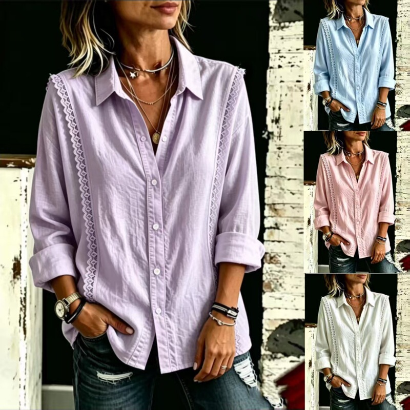 2026 European and American Independent Site Amazon New Summer Style Women's Solid Color Lace Patchwork Button Long-Sleeve Shirt