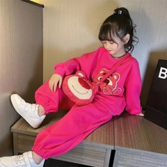 Adorable Pink and Rose Girl's Padded Sweatshirt with Cartoon Strawberry Bear Hooded Sweatshirt Long Sleeve Top for Autumn and Winter New Arrival