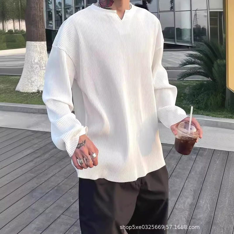 French Style Ice Silk Thread Pit T-Shirt Men's Pleated Texture V-Neck Loose Long Sleeve European and American Notched Collar Henry Trendy Shirt
