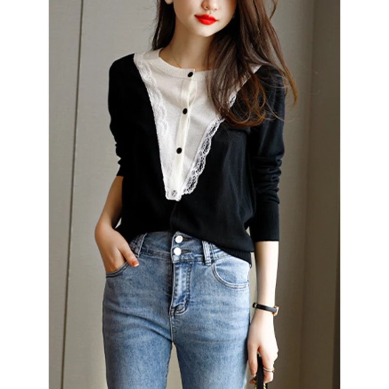 Foreign trade export original Italian cut label remaining single tail goods high-end light luxury wool knitted women's lace stitching cardigan