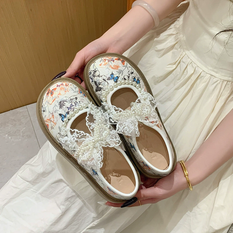 Модный принт кружевной бант на толстой подошве одиночные туфли 2025 весна и осень новый стиль колледжа сладкие ботинки Lefu маленькие кожаные туфли