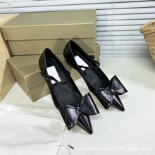 低跟一字瑪麗珍鞋女2022歐美時尚新款黑色蝴蝶結平底矮跟尖頭單鞋