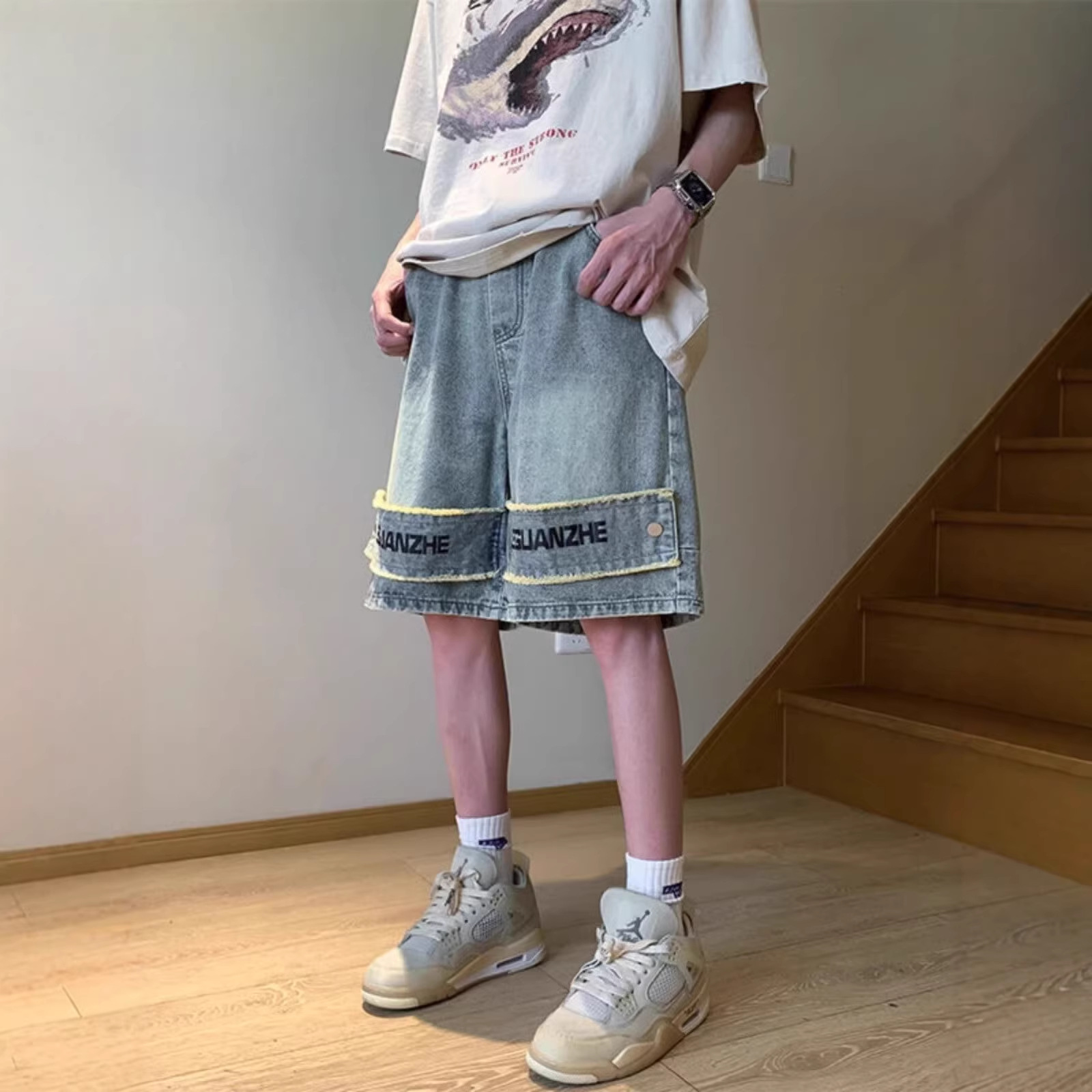 Men's Style Washed Distressed Denim Shorts Niche Design High Street Muddy Wide Leg Straight Leg Five Point Pants_mkmklike.com