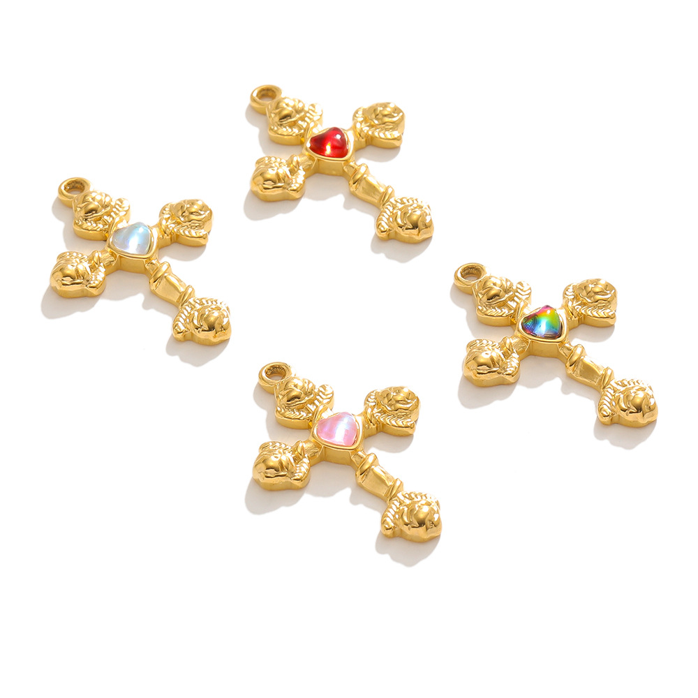 Cross, Heart Shape, Rose Pattern 5 PCS/Package 20*30mm Hole 1~1.9mm 304 Stainless Steel Gem Cross Heart Shape Rose Pendant