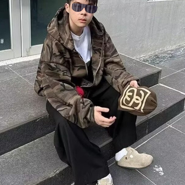 百搭迷彩开衫外套男女新款美式潮流卫衣时尚秋季情侣同款拉链外套|undefined