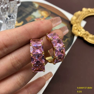 复古镀真金粉紫色锆石款港风法式银针耳钉耳圈西洋中古饰品