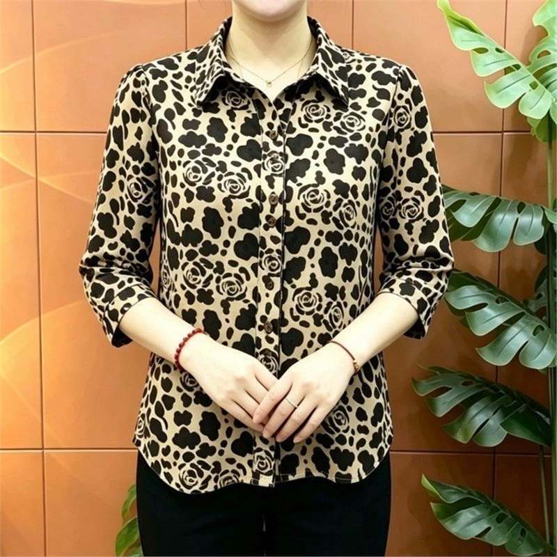 Dropshipping Stylish Mom Fashion 2026 Summer Three-Quarter Sleeve Shirt Women's Fashionable Leopard Print Top Cardigan