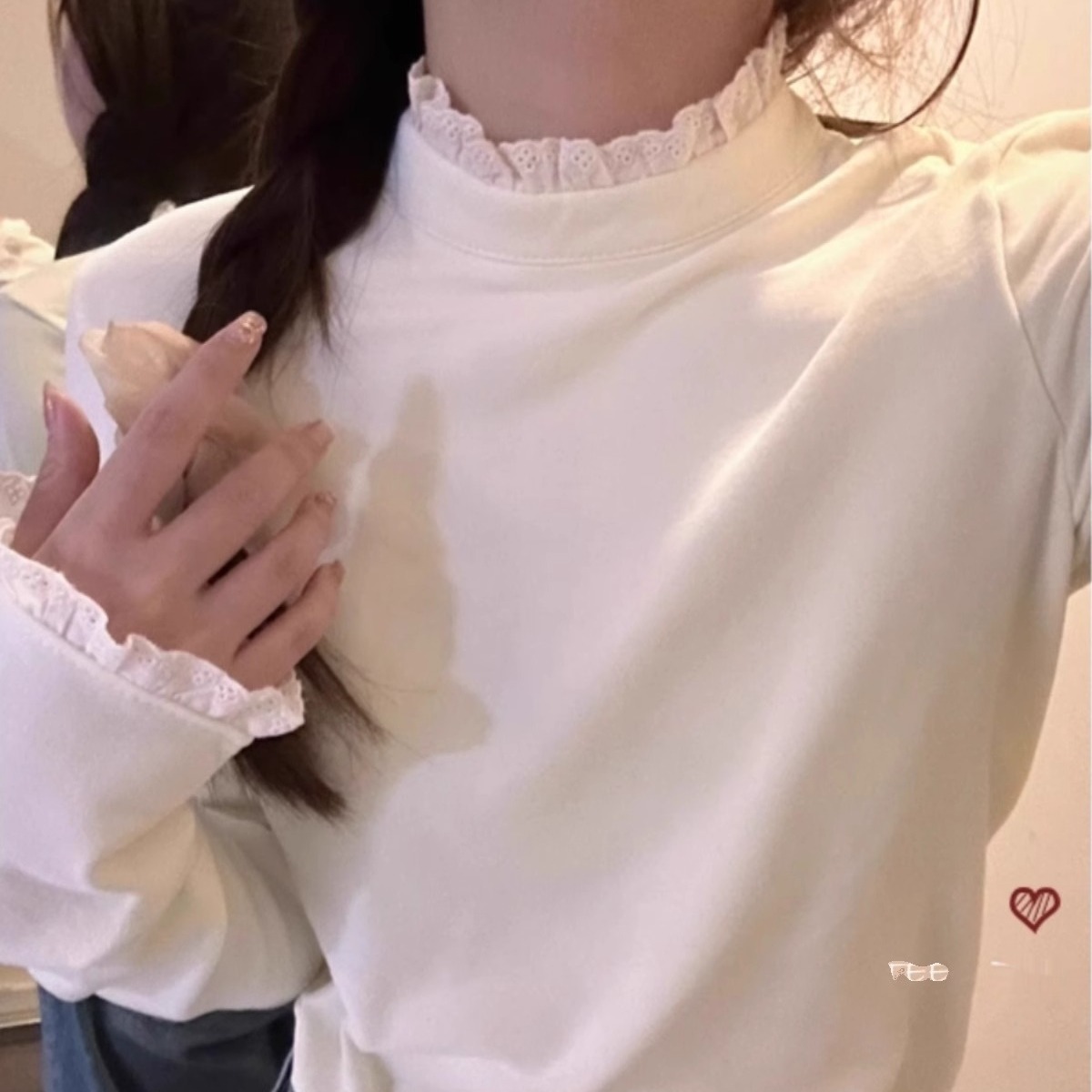 Threaded Velvet Half Turtleneck Lace Long-Sleeved Bottoming Shirt Autumn and Winter New Slim Fit Warm Inner Brushed Pure Color Top