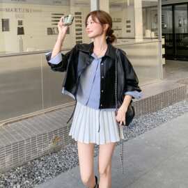 休闲气质假两件拼接黑色皮衣外套女春秋2026新款小个子流行PU夹克