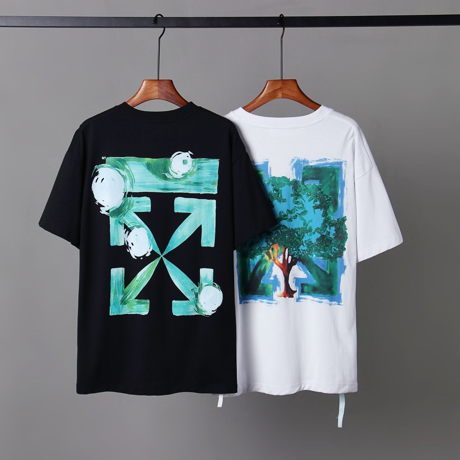 现货offwhale绿色箭头印花OS版型男款潮牌短袖一件代发