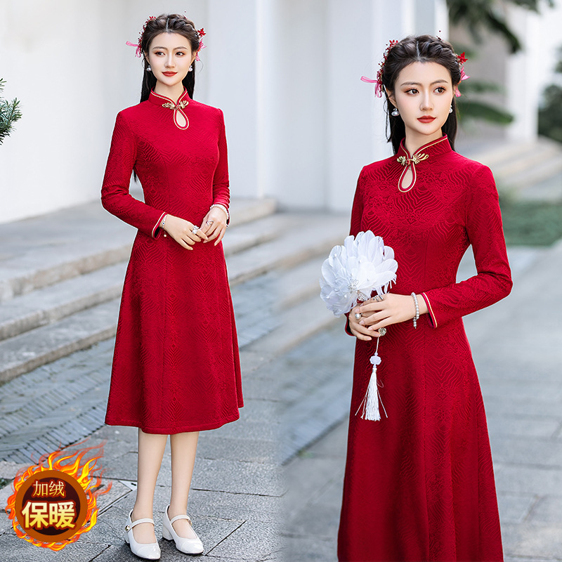 중년 여성 의류 어머니 기모 두꺼운 원피스 랩넥 긴 소매 레트로 소프트 수정 당나라 원피스 베이스 스커트