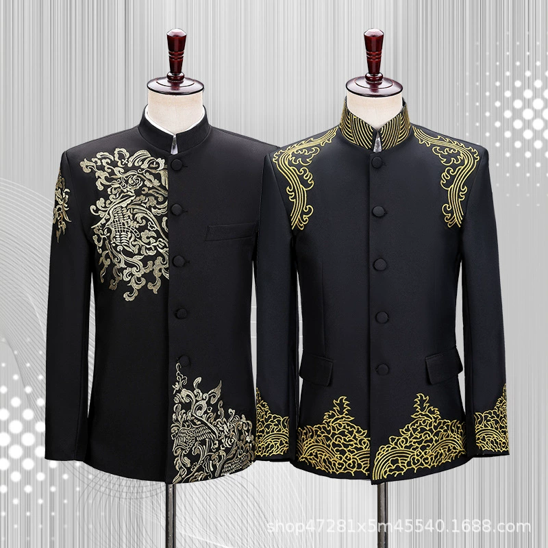 Китайская туника с вышивкой, черный воротник-стойка, молодой Взрослый мужской костюм, пальто, мужской костюм, одежда для хора