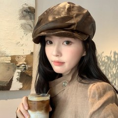 日系复古褶皱废土风皮质翻檐贝雷帽女大头围显脸小百搭画家帽子潮