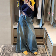 广州十三行高货爆款~牛仔长裤女水洗复古设计感直筒宽松大裤脚裤