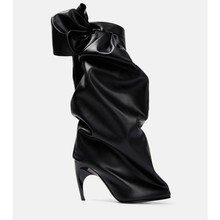 欧美新款黑色蝴蝶结拼接套筒褶皱异型高跟尖头裤管靴外贸大码女靴