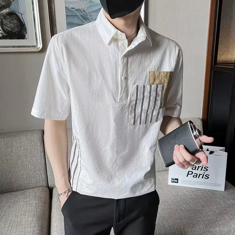 2024 costura a rayas personalidad estilo británico camisa POLO de manga corta camiseta de hombre otoño camiseta de hombre americano joven