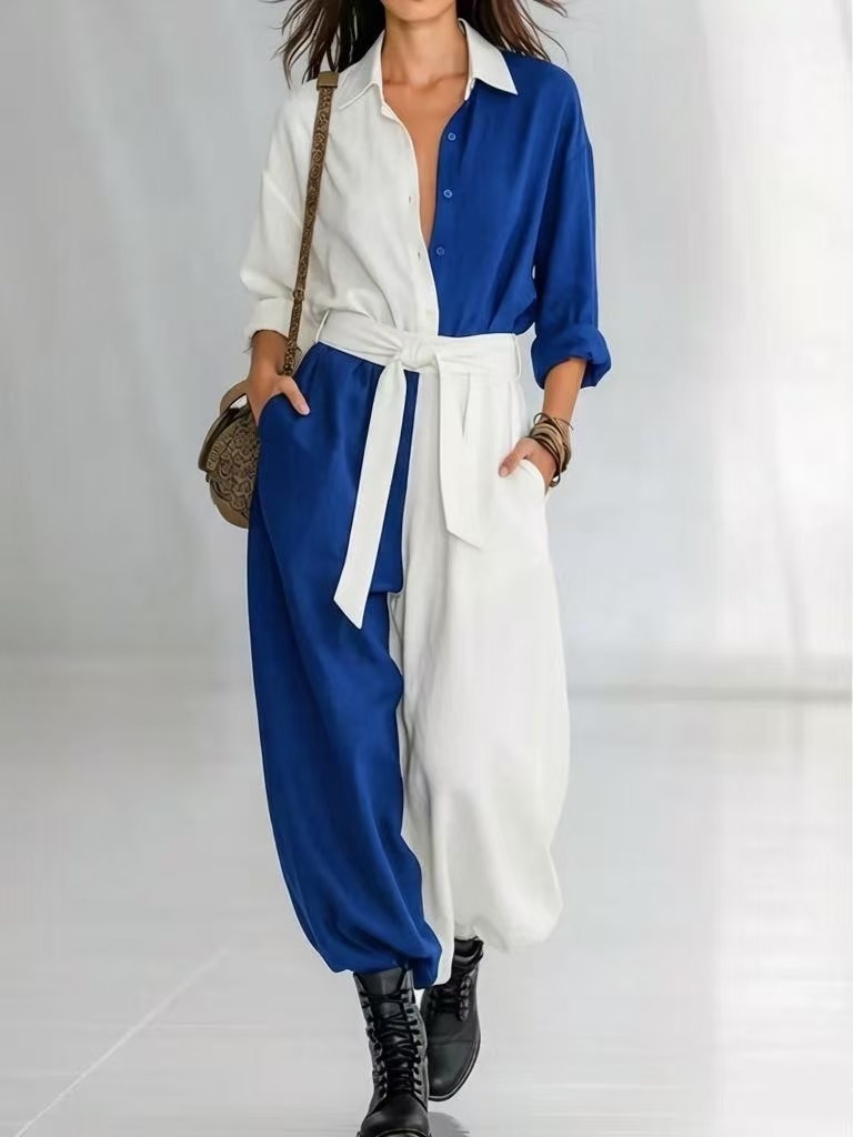 Damen Jumpsuit Mit Langarm Patchwork Und Gürtel Für Den Frühling_voghion.com