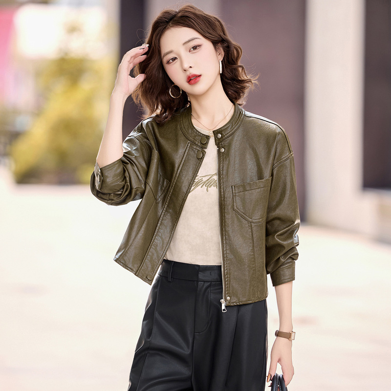 Women's Leather Jacket Women's 2025 Autum New Leather Jacket High-End Stand-Up Collar Elegant Short Age-Reducing Jacket Zh2616