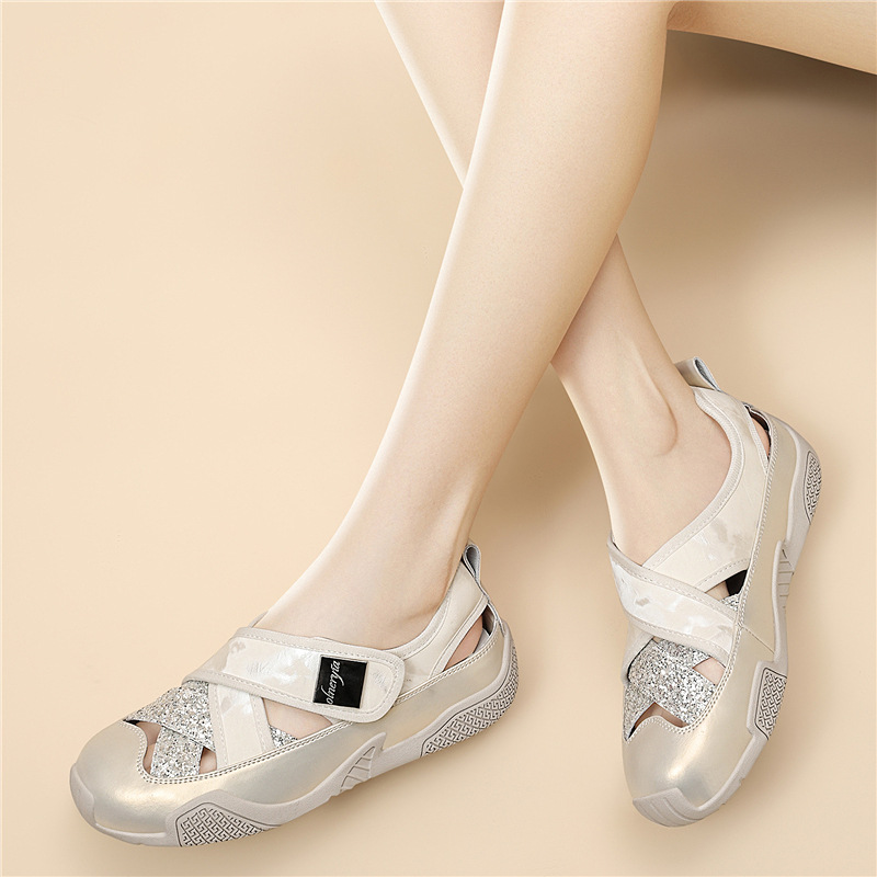 Sandal nữ quai chữ V đính sequin lỗ rỗng, đế mềm thoáng khí, dán Velcro tiện lợi — 6177 Trắng, 6177 Vàng chi tiết 7