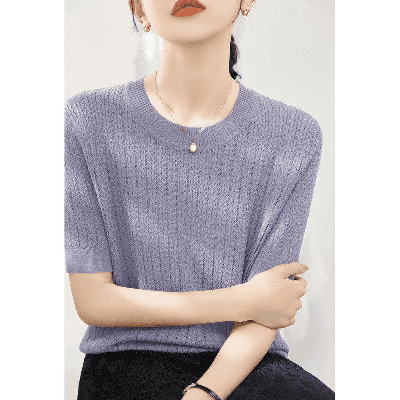 夏季新款镂空圆领冰丝针织衫短袖女宽松休闲洋气套头女装