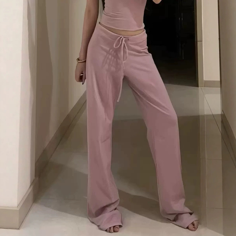 Skims-style women's low-waist drawstring casual pants, cotton-spandex blend, high elasticity, loose and comfortable fit, soft cotton material, drawstring Skims-style women's low-waist drawstring casual pants, cotton-spandex blend, high elasticity, loose and comfortable fit, soft cotton material, drawstring