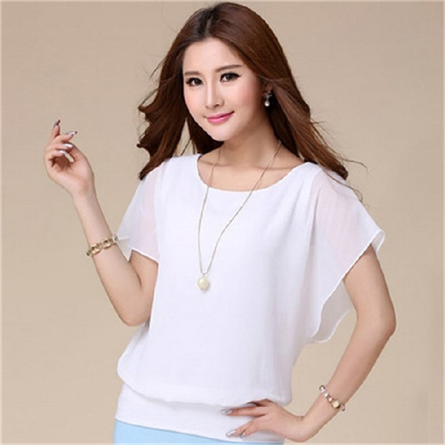 Chiffon shirt women's short-sleeved 2023 new summer large size temperament round neck high-end bat sleeve top women's foreign trade