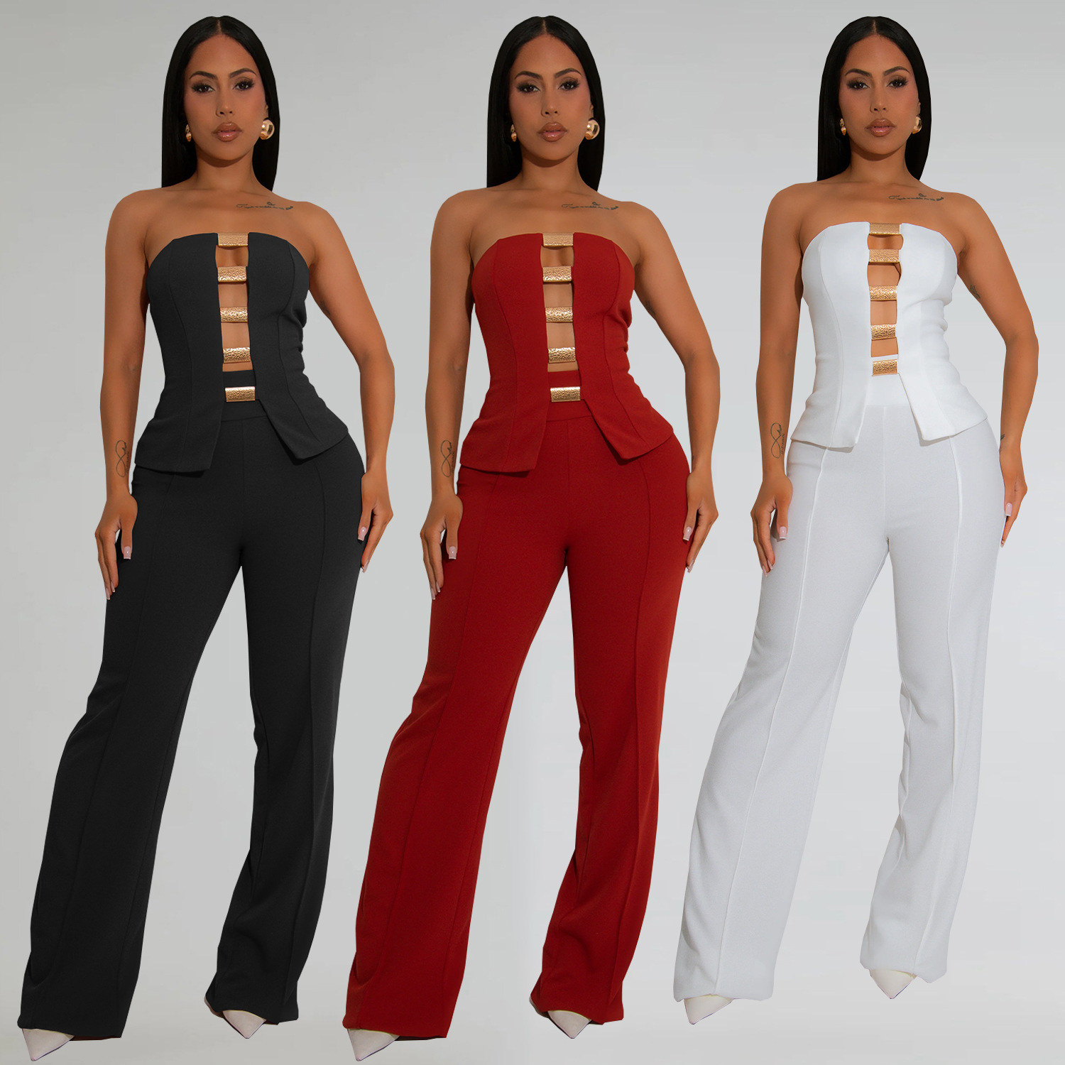 C7367 Cross-border AliExpress Amazon Ropa de mujer de moda europea y americana Top de tubo sexy Botón dorado Pantalones de brazo de dos piezas