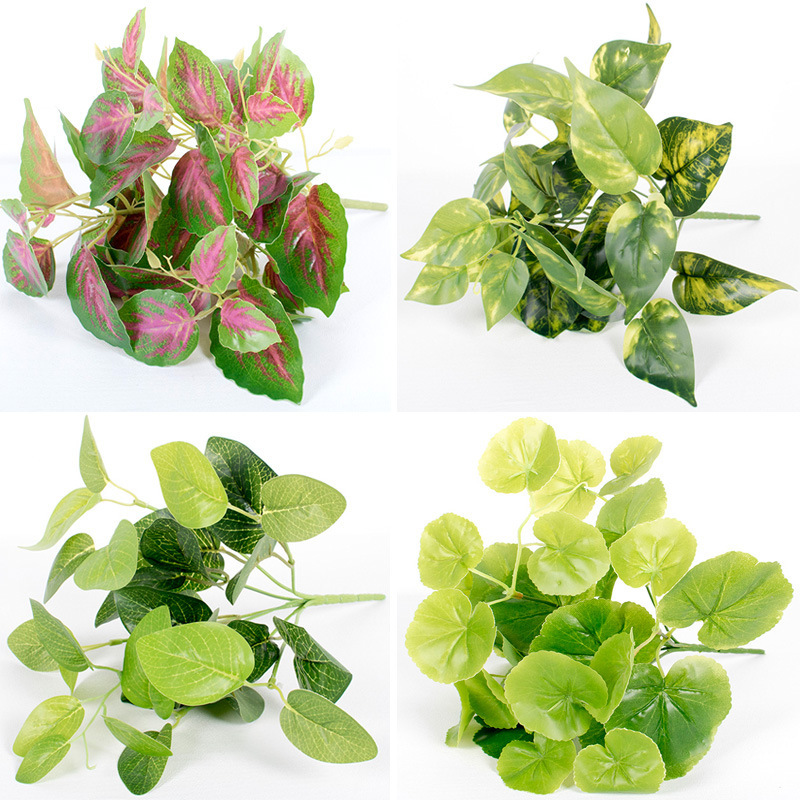 Plantas verdes falsas, decoración de paredes, hojas de plantas de simulación, arreglos florales de pared de fondo, 7 cabezas, lavanda de perilla