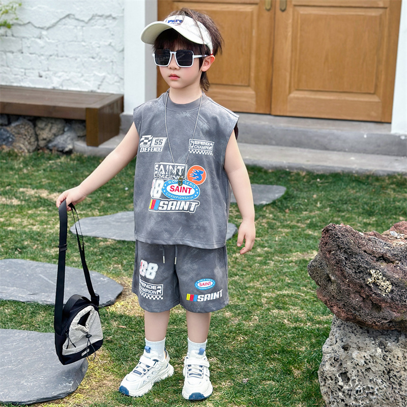 7493 Traje deportivo teñido anudado para niños Estilo de verano Chaleco sin mangas guapo Estilo occidental Ropa de verano para niños Ropa de baloncesto Conjunto de dos piezas