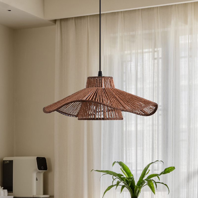 Lámpara Colgante de Estilo Japonés Wabi-Sabi Zen para Salón de Té, Lámpara Colgante de Paja de Cáñamo Hecha a Mano, Lámpara Colgante de Arte de Hoja de Loto para Restaurante