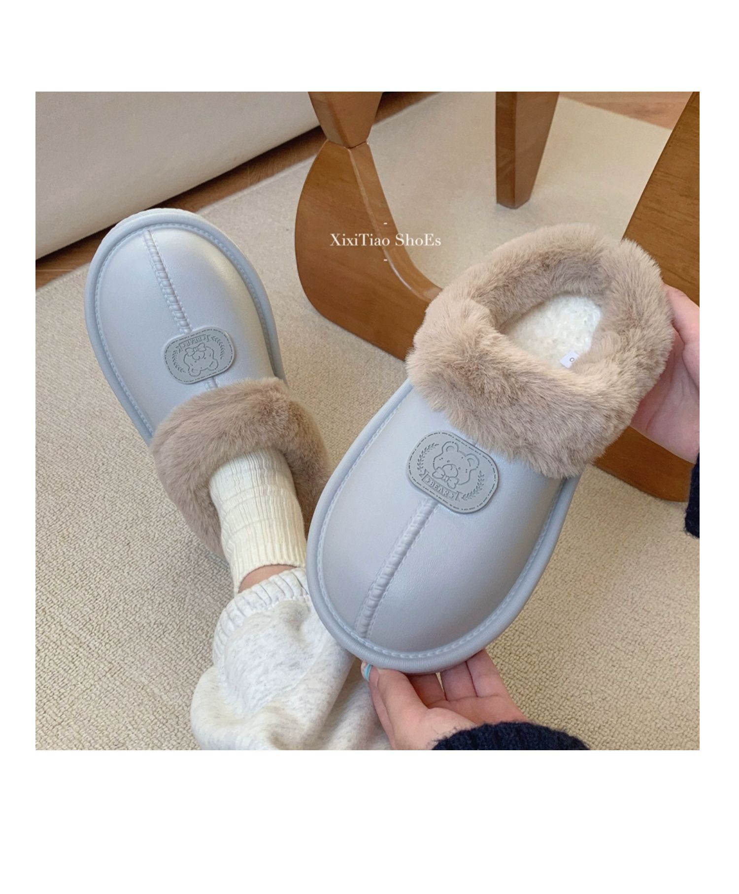 Korėjietiško stiliaus madingi drabužiai viduje ir lauke su pašiltinimu ir patogiomis medvilninėmis šlepetėmis, pliušiniu minkštu padu, paprasti_voghion.com