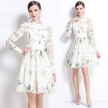 法式高级感优雅镂空钩花刺绣拼接收腰印花连衣裙女欧美时尚A字裙