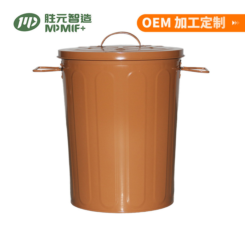 Factory Direct Sales 5 Gallon Metal Trash Can Brown Double Handle Galvanized Iron Household Trash Can Storage Bucket with Lid