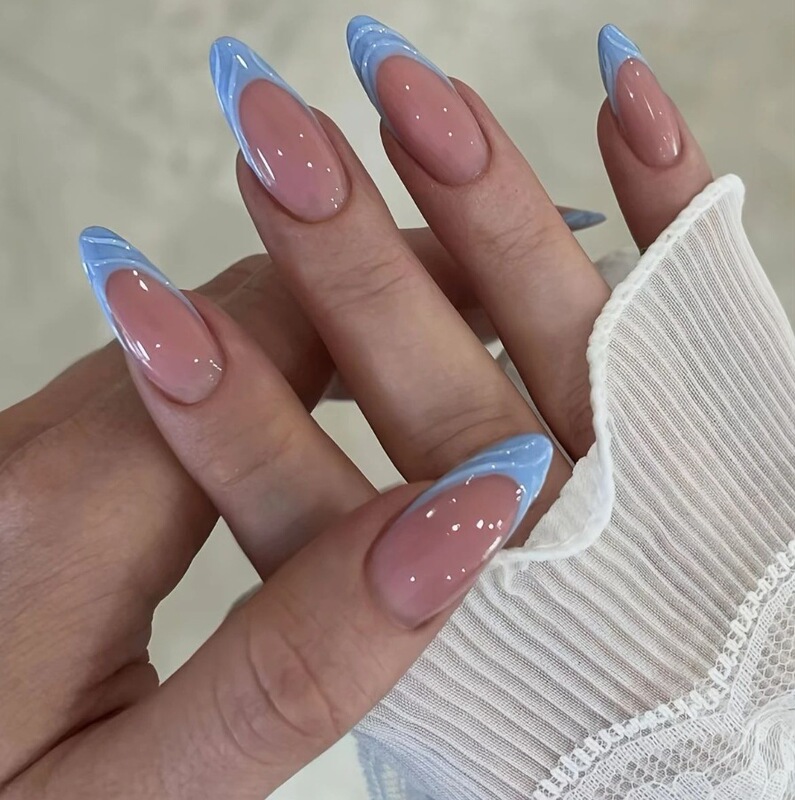 New Style Fresh and Simple 3D Blue French Fishtail Long Almond-Shaped Handmade Wearable Nail Tips Finished Product