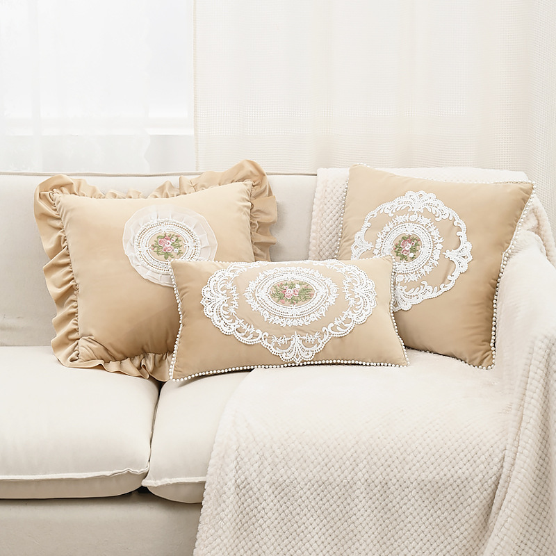 French Style ins Style Ruffled Lace Pillow White Square Pillow Waist Pillow European Style Cushion Home Sofa Bedroom Pillow