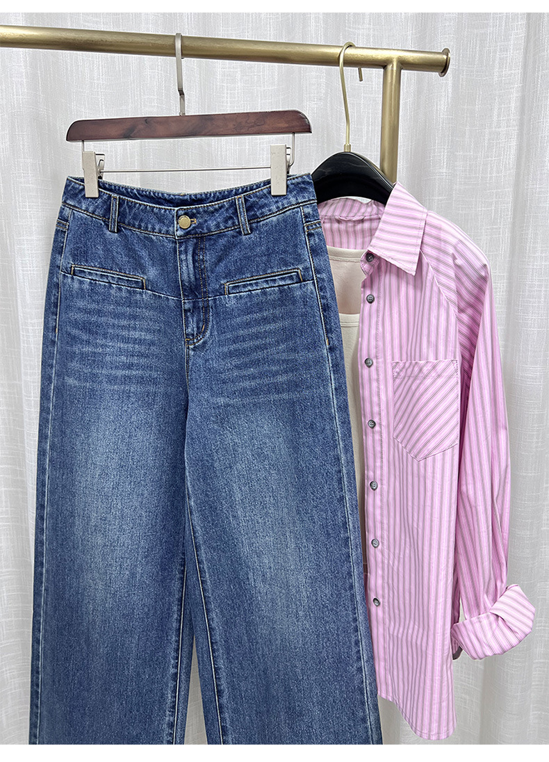 Quần ống loe nữ cạp cao dáng suông rộng chất liệu linen phối sợi tencel — xanh lam chi tiết 3