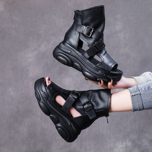 【】小个子真皮松糕厚底凉靴头层牛皮高跟增高罗马鱼嘴凉鞋罗马风