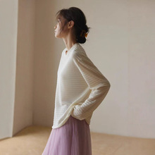 桑蚕丝卷边内搭针织衫新款条纹圆领早秋长袖纯色时尚百搭细羊毛