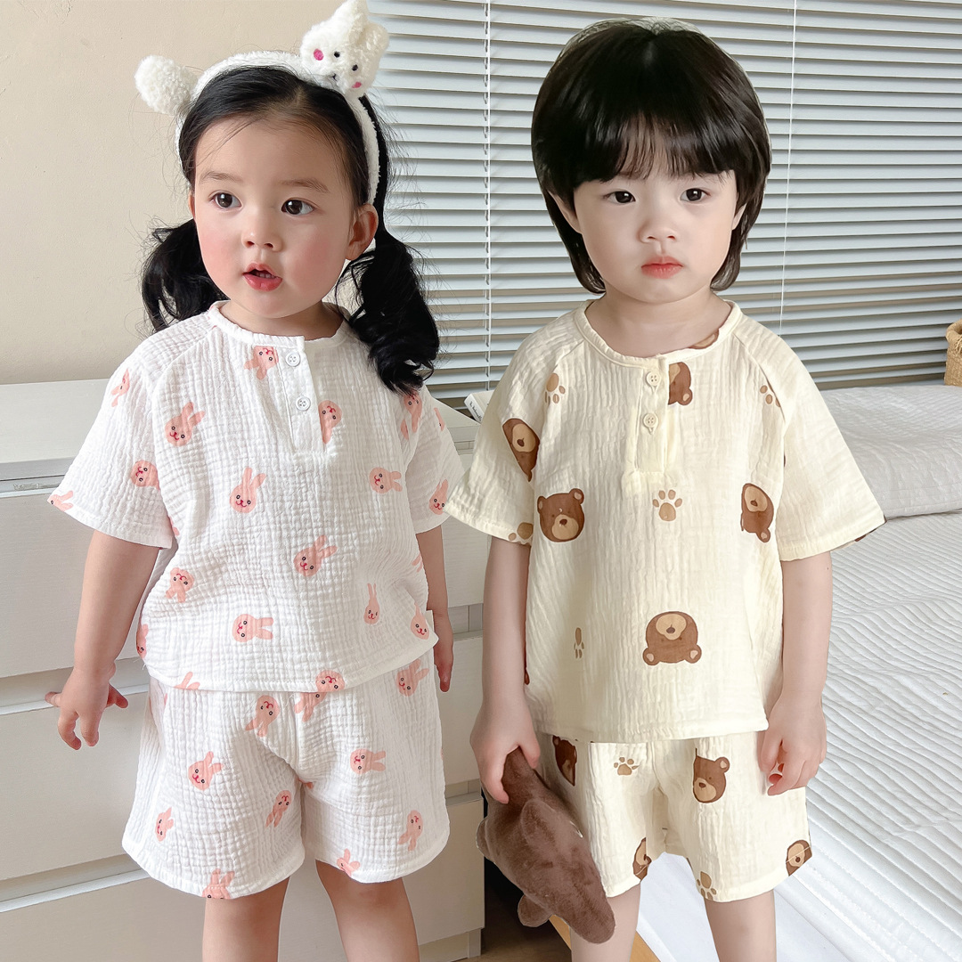 夏季新款儿童家居服双层棉纱短袖亲子纱布套装宝宝睡衣短裤母子装